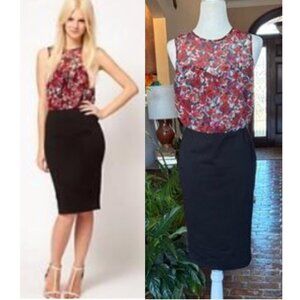 ASOS sleeveless colorful floral print & solid black pencil skirt dress sz 6